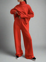 Damen Turtleneck Lounge Set mit Weitbein-Hosen – Rot
