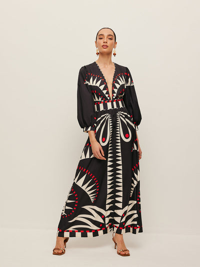 Dinah - Boho Print Kleid mit geteiltem V-Ausschnitt