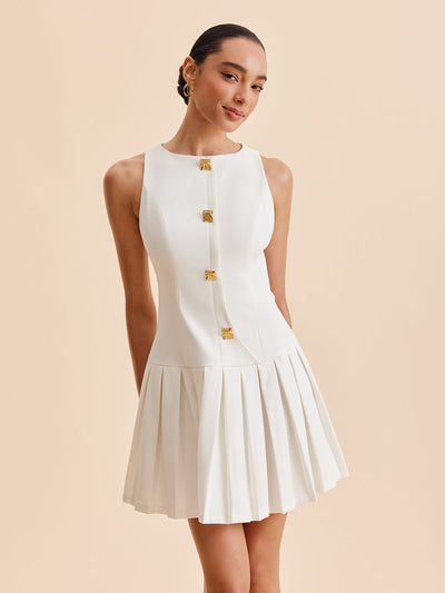 Elegantes Ärmelloses Mini-Kleid mit Falten und Metallknöpfen
