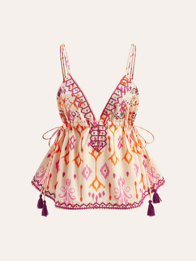Nora - Besticktes Boho-Tassel-Krawatten-Cami-Top