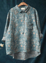 Elena | Damenbluse leicht aus Baumwolle und Leinen mit Print – Blau