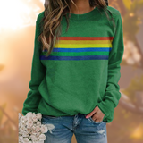 Damen Rundhals Gestreifter Langarmpullover – Grün