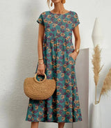 Baumwoll Midikleid Damen mit Blumendruck und Taschen – Blau