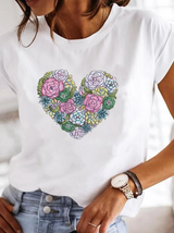 Leonora | Damen Herz Print T-Shirt Rundhals Kurzarm – Weiß 5