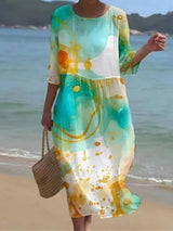 Blumenkleid Damen | Fließendes Midi mit Rosenprint & 3/4-Ärmeln – Grün
