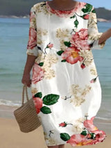 Blumenkleid Damen | Fließendes Midi mit Rosenprint & 3/4-Ärmeln – Weiß