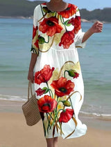 Blumenkleid Damen | Fließendes Midi mit Rosenprint & 3/4-Ärmeln – Rot