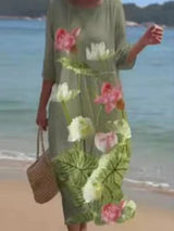 Blumenkleid Damen | Fließendes Midi mit Rosenprint & 3/4-Ärmeln – Dunkelgrün