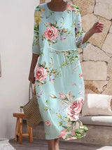 Blumenkleid Damen | Fließendes Midi mit Rosenprint & 3/4-Ärmeln – Blau