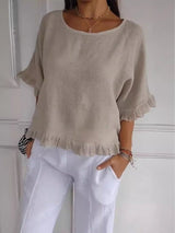 Bluse Damen | Casual Elegant mit Rüschensaum & Rundhals – Beige