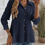 Bluse Damen | Elegant Tailliert mit Stufenrock & Knopfleiste – Marineblau