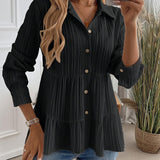 Bluse Damen | Elegant Tailliert mit Stufenrock & Knopfleiste – Schwarz