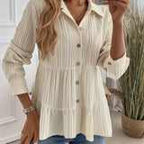 Bluse Damen | Elegant Tailliert mit Stufenrock & Knopfleiste – Beige