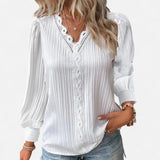 Bluse Damen | Elegant mit Spitzenbesatz & V-Ausschnitt Langarm – Weiß