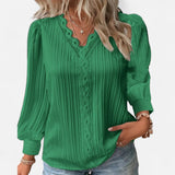 Bluse Damen | Elegant mit Spitzenbesatz & V-Ausschnitt Langarm – Grün