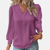 Bluse Damen | Elegant mit Spitzenbesatz & V-Ausschnitt Langarm – Lila