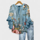 Bluse Damen – Volantärmel & schmeichelnder V-Ausschnitt – Marineblau