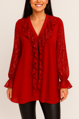 Bluse Damen mit Rüschen | Glitzer-Details & Sofort Eleganter Look – Rot