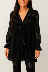 Bluse Damen mit Rüschen | Glitzer-Details & Sofort Eleganter Look – Schwarz