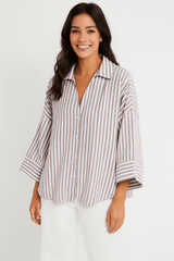 Bluse gestreift Damen | 3/4-Ärmel & Lockerer Schnitt – Braun