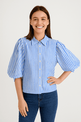 Bluse gestreift Damen | Ballonärmel & Luftiger Komfort – Blau