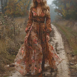 V Ausschnitt Kleid Damen | Blumenstickerei & Romantischer Boho-Maxi-Stil – Dunkelbraun