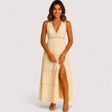 Boho Kleid Damen | Tiefer V-Ausschnitt & Spitzeneinsätze – Gelb