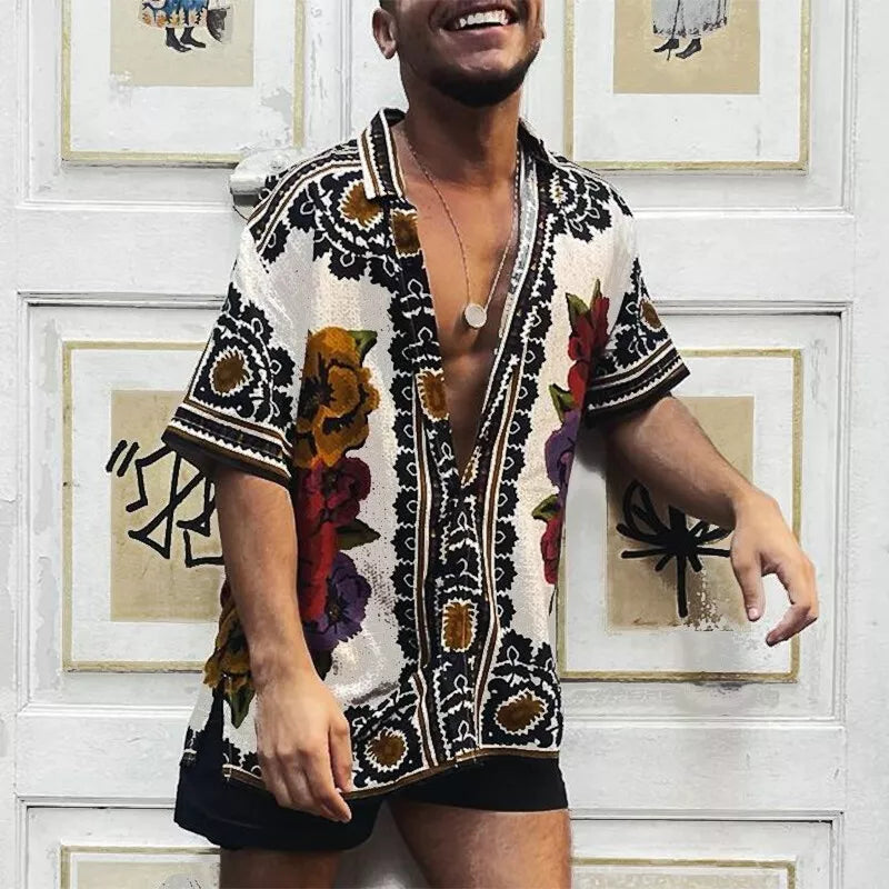 Button-Down-Hemd – Vintage – bedruckt – Kurzarmhemd – Sommerhemd für Herren