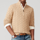 Heinrich | Herren Frühling Viertelzip Strickpullover mit Zopfmuster – Aprikose