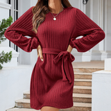 Emma | Damen Strick-Minikleid stilvoll & modisch mit Gürtel – Rot