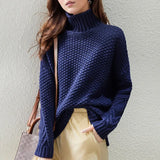 Carolin | Damen High-Neck Grobstrickpullover – Blau