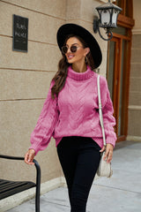 Andrea | Damen Frühlings Rollkragenpullover Mit Zopfmuster-Strick – Rosa