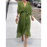 Camila Damen-Midikleid mit V-Ausschnitt und Gürtel – Grün