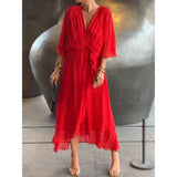 Camila Damen-Midikleid mit V-Ausschnitt und Gürtel – Rot