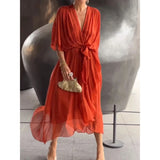 Camila Damen-Midikleid mit V-Ausschnitt und Gürtel – Orange