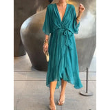 Camila Damen-Midikleid mit V-Ausschnitt und Gürtel – Blaulack