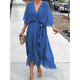 Camila Damen-Midikleid mit V-Ausschnitt und Gürtel – Blau