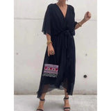 Camila Damen-Midikleid mit V-Ausschnitt und Gürtel – Schwarz