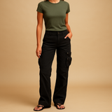 Damen-Cargohose mit hoher Taille – Schwarz