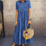 Elizabeth | Damen Maxikleid mit kurzen Ärmeln und Taschen – Blau
