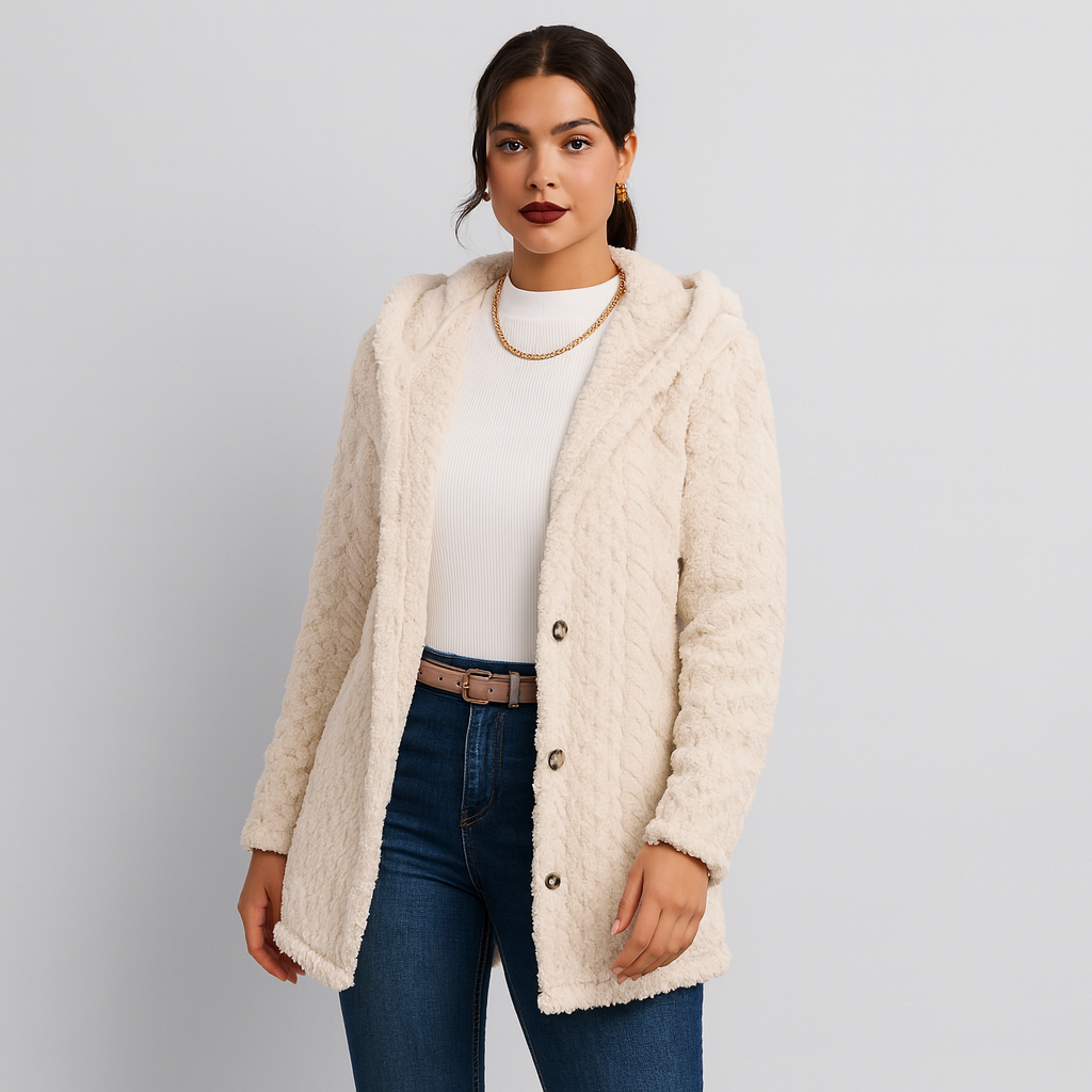 Marlena | Damen Knopf-Front Teddy Hoodie Mantel für Herbst & Winter