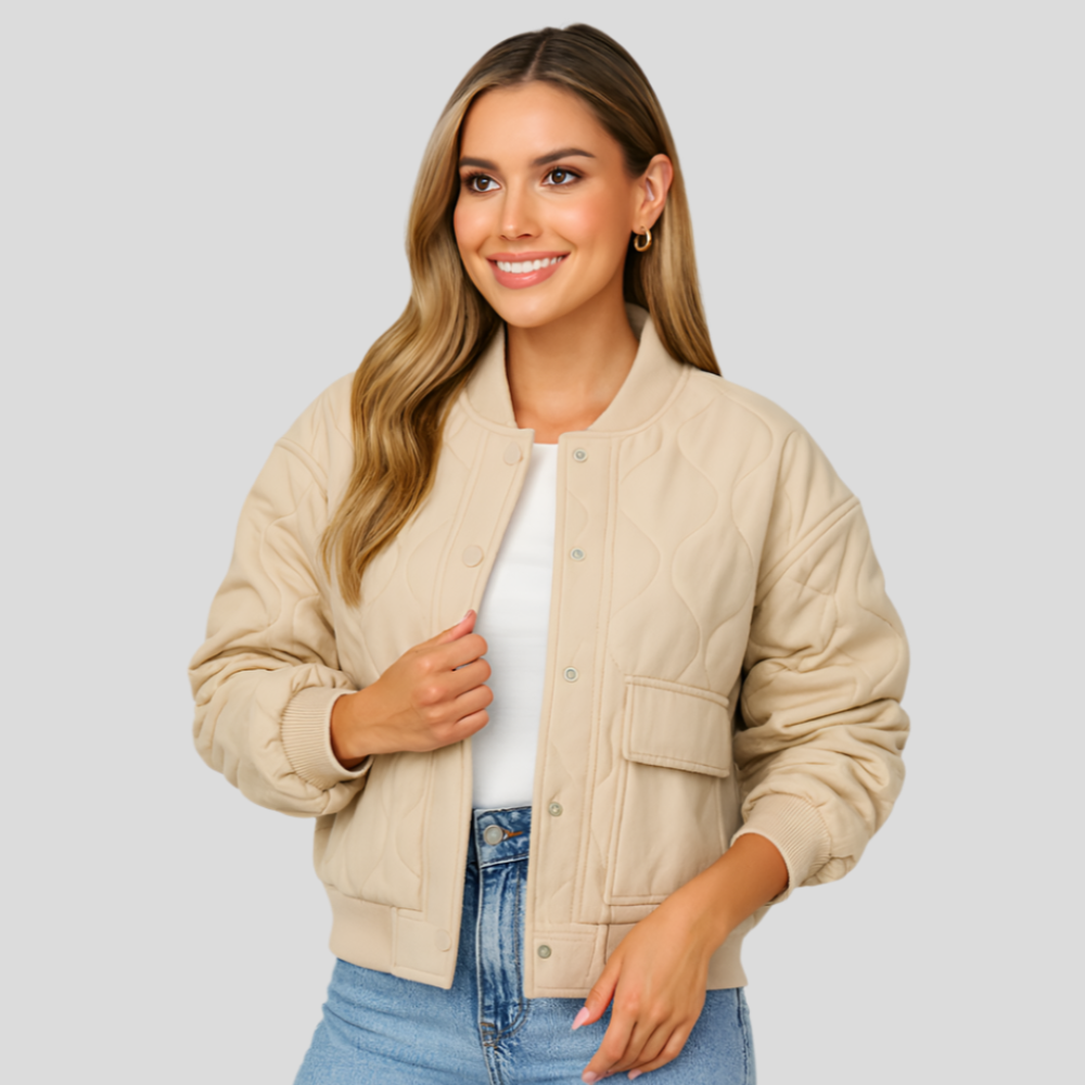 Kurze Bomberjacke Karina – Gerippte Säume und seitliche Taschen für Damen