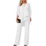 Sophia | Damen Chiffon Hosenanzug festlich, Fledermausärmel elegant – Weiß
