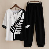 Damen Zweiteiliges Set mit Rundhals und Kurzarm – Schwarz