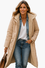 Angela | Damen Warme Kapuzen Winter Longline Puffer Jacke – Beige