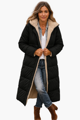 Angela | Damen Warme Kapuzen Winter Longline Puffer Jacke – Schwarz