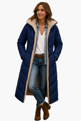 Angela | Damen Warme Kapuzen Winter Longline Puffer Jacke – Marineblau
