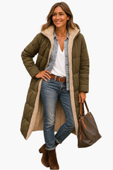 Angela | Damen Warme Kapuzen Winter Longline Puffer Jacke – Armeegrün