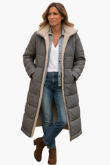 Angela | Damen Warme Kapuzen Winter Longline Puffer Jacke – Grau