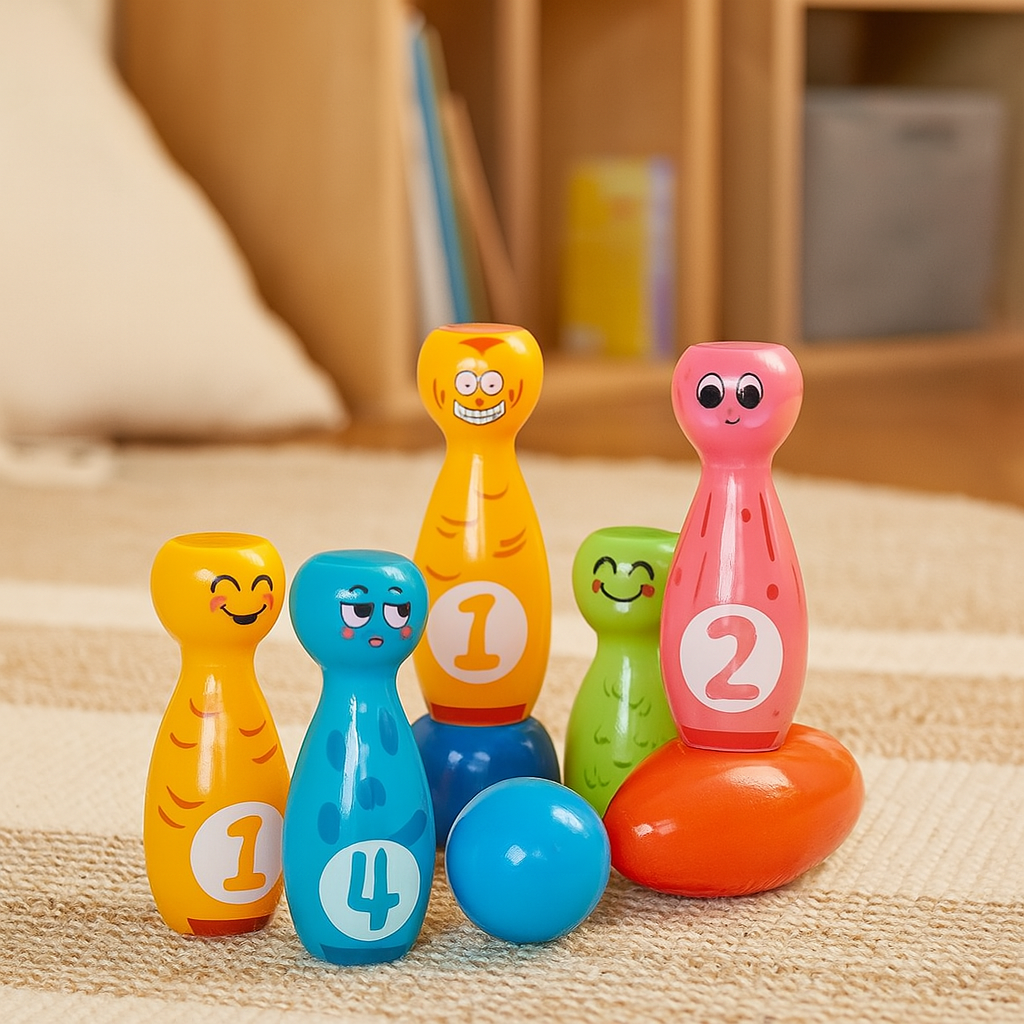 Cartoon-Bowling-Spielzeugset für Kinder – Indoor-/Outdoor-Spiel mit bunten Kegeln und Bällen